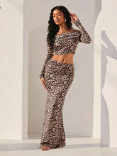 Opulessa Women 1-Shoulder Long Sleeve Cropped Top And Long Leopard Print Skirt 2 Piece Set